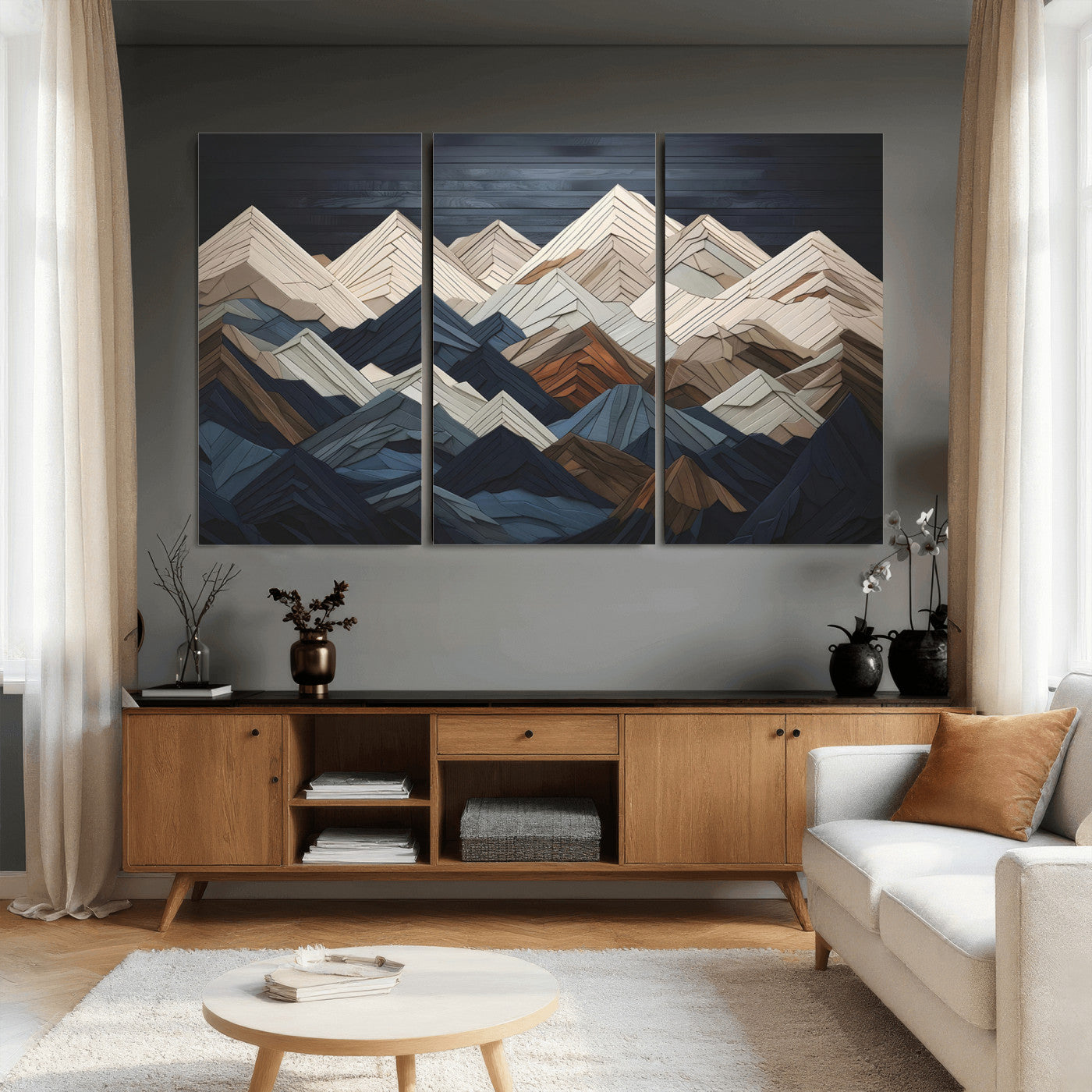 12896-MGV-CV-36X24 - Wood Mountain Range Wall Art - Ready to Hang 3-Piece Set for Modern Rustic Decor, Abstract Wooden