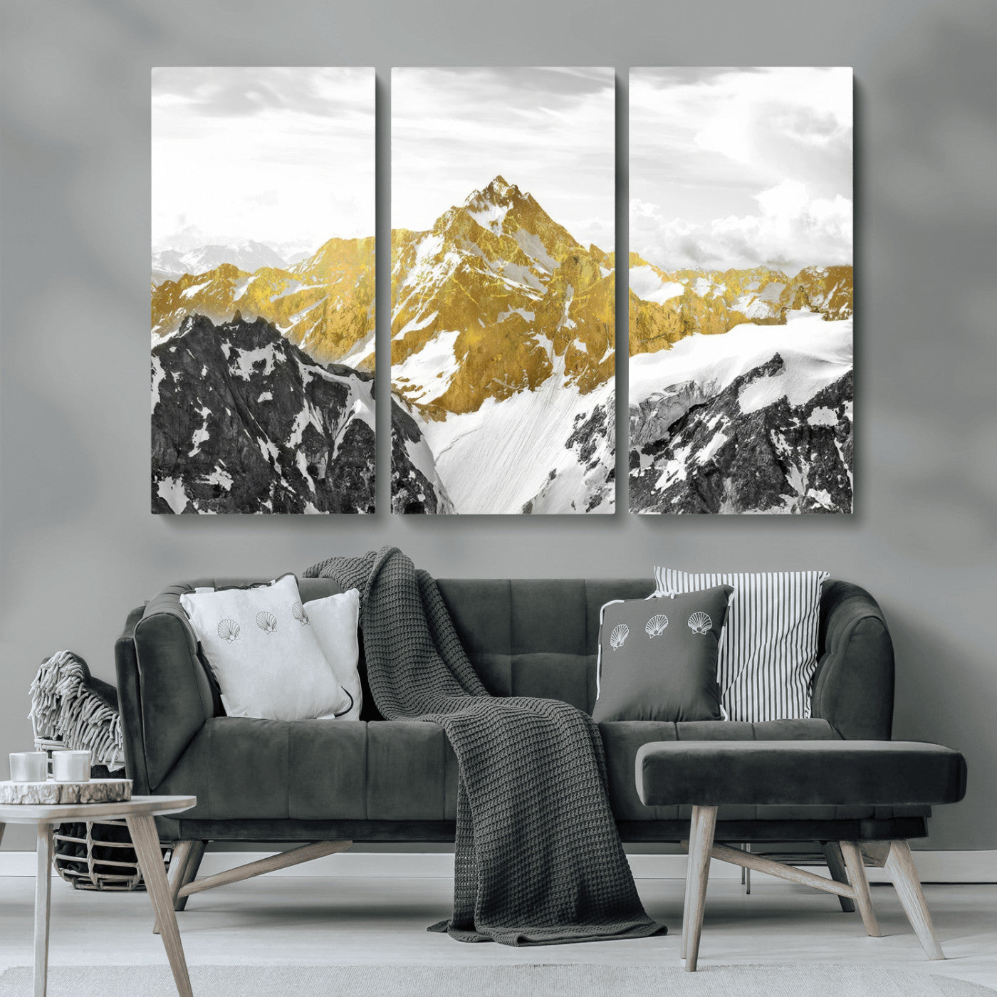 MGV-CV-48X32-3P - Gold Abstract Mountains Wall Art Print on Canvas, Nature Wall Art Print,