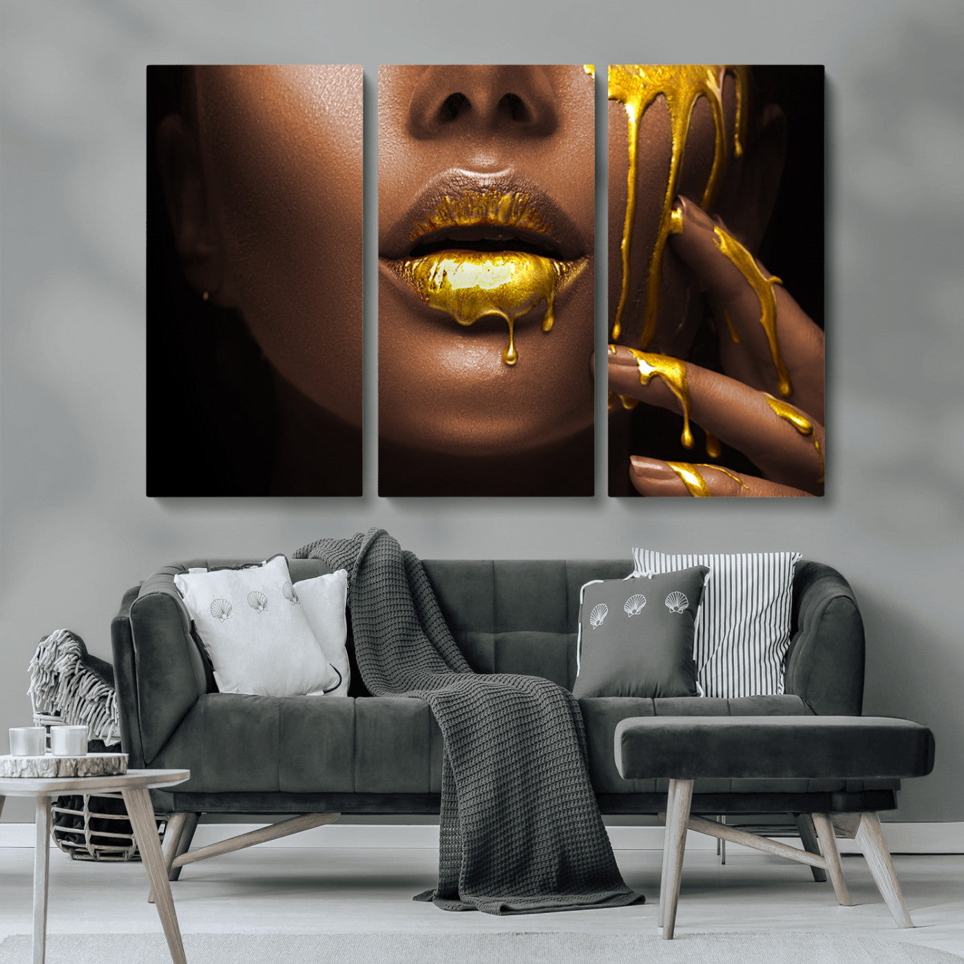 MGV-CV-48X32-3P - African American Art Black Woman Canvas Print, African Wall Art, Fashion African Woman Gold Lips