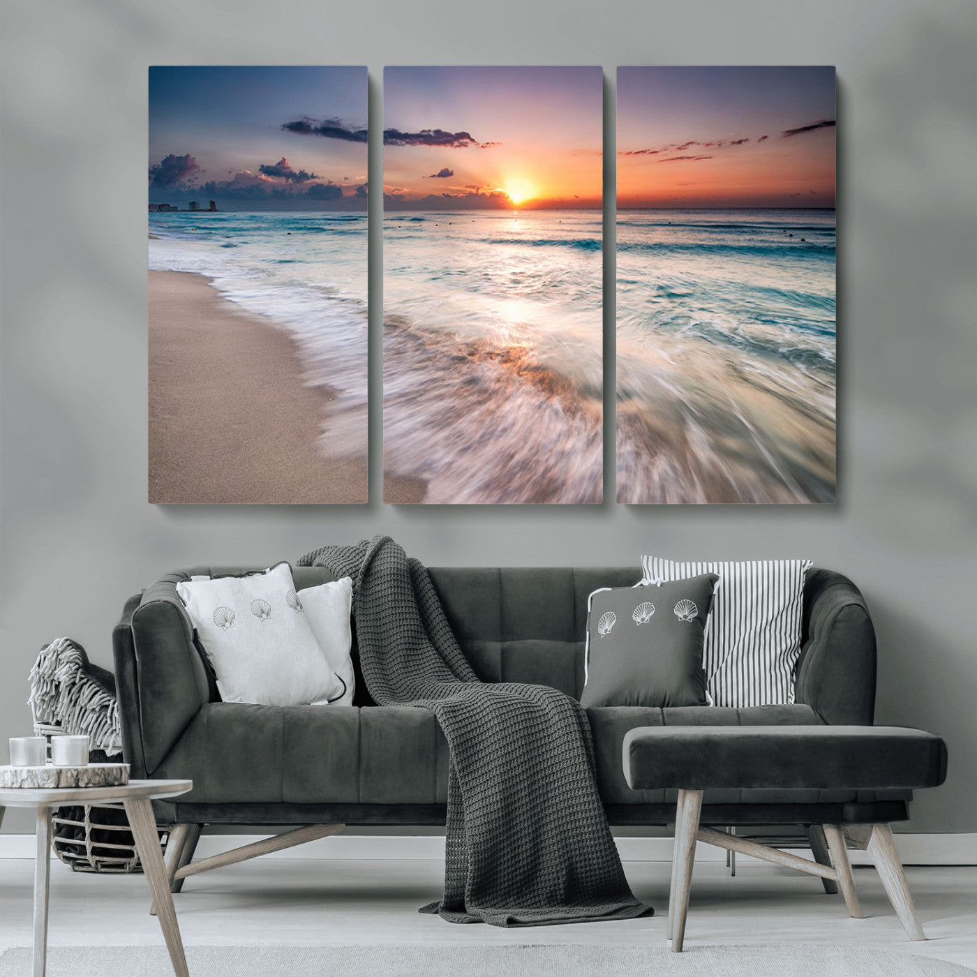 MGV-CV-48X32-3P - Sunset Beach Wall Art – Soothing Coastal Landscape, Ready to Hang for Tranquil Home Decor