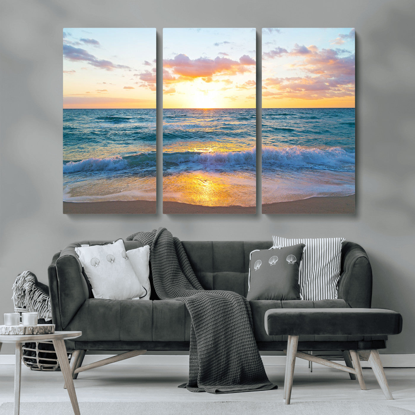 MGV-CV-48X32-3P - Golden Sunset Over Ocean Waves - Serene Coastal Triptych Wall Art for Relaxing Home Decor, Ready to