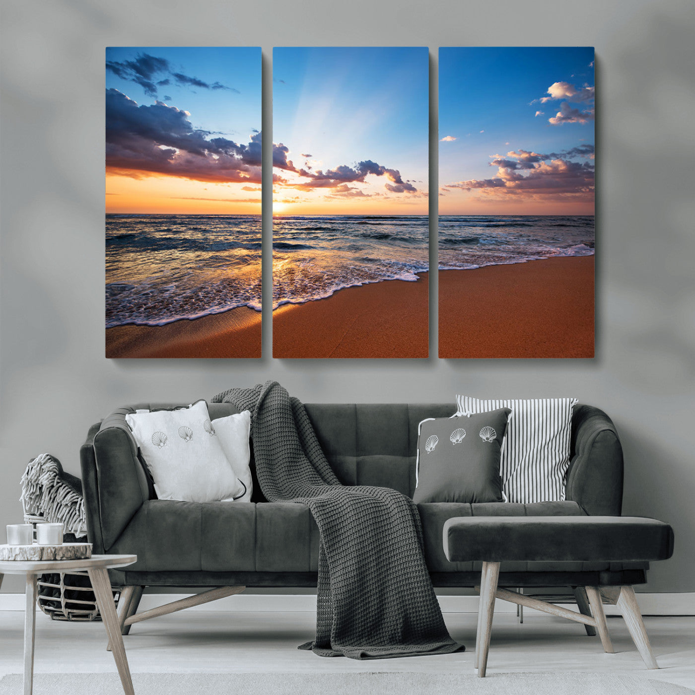 MGV-CV-48X32-3P - Golden Hour Beach Sunset Wall Art | Canvas Print | Ready to Hang | Coastal Wall Art for Living Room