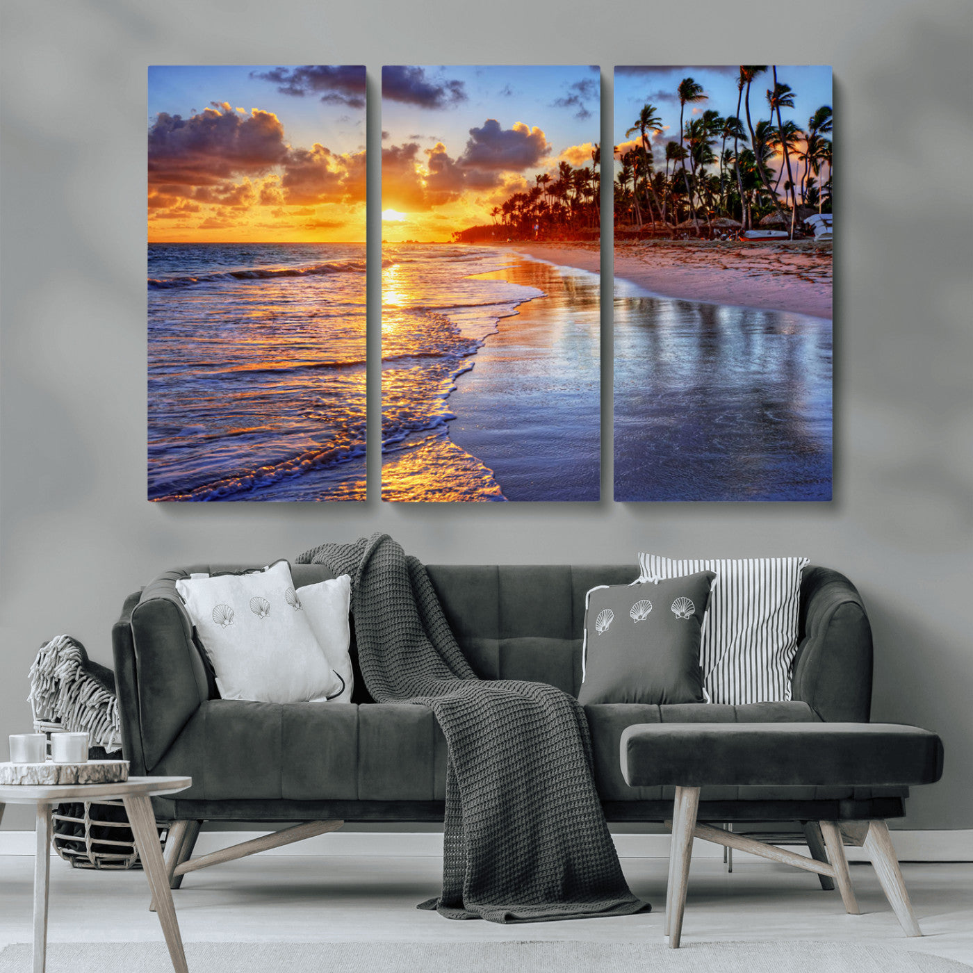 MGV-CV-48X32-3P - Serene Beach Sunset Wall Art Canvas- Coastal Seascape Print for Living Room or Bedroom, Ocean Waves