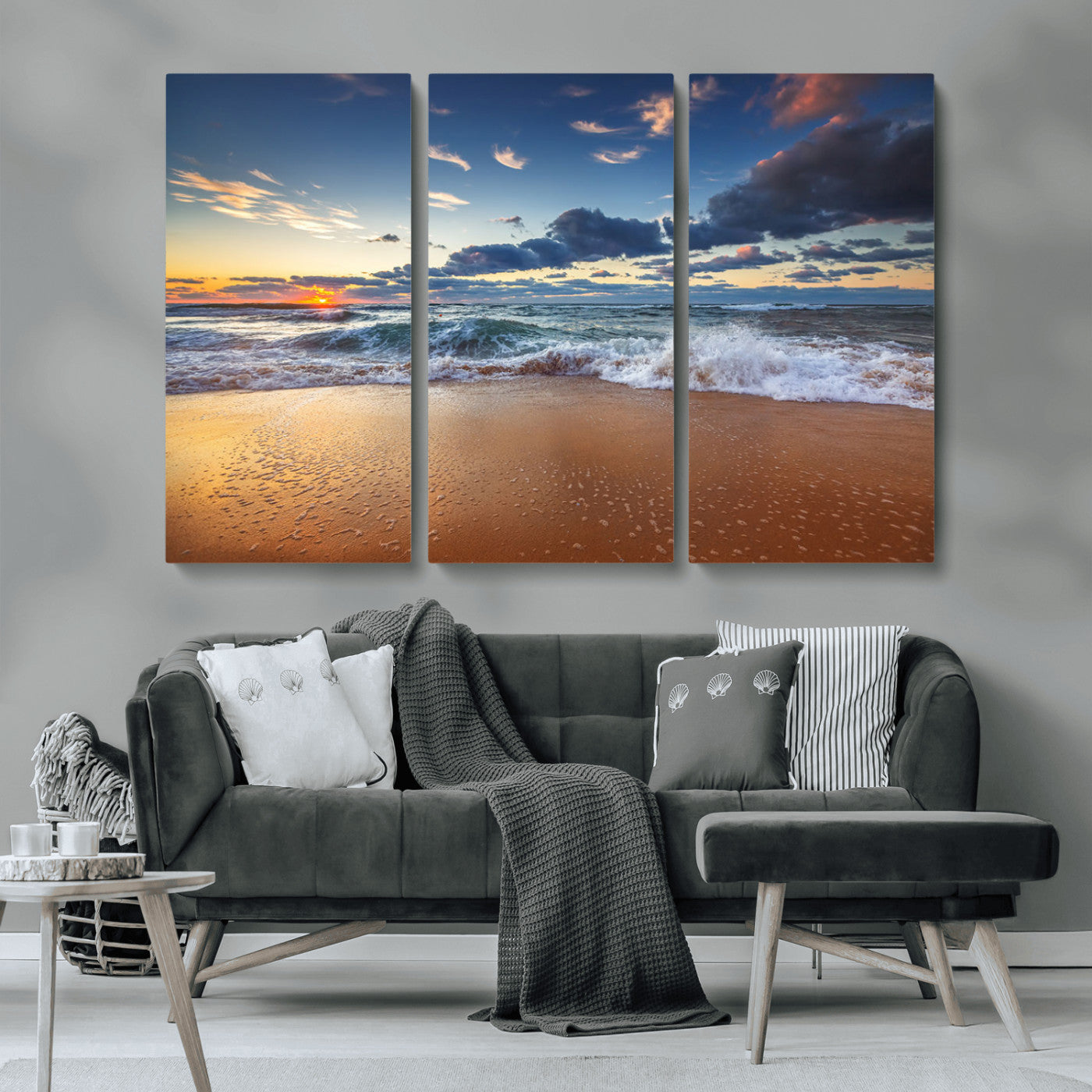 MGV-CV-48X32-3P - Beach Canvas Wall Art - Coastal Seascape Print for Living Room or Bedroom, Ocean Waves on Sand,