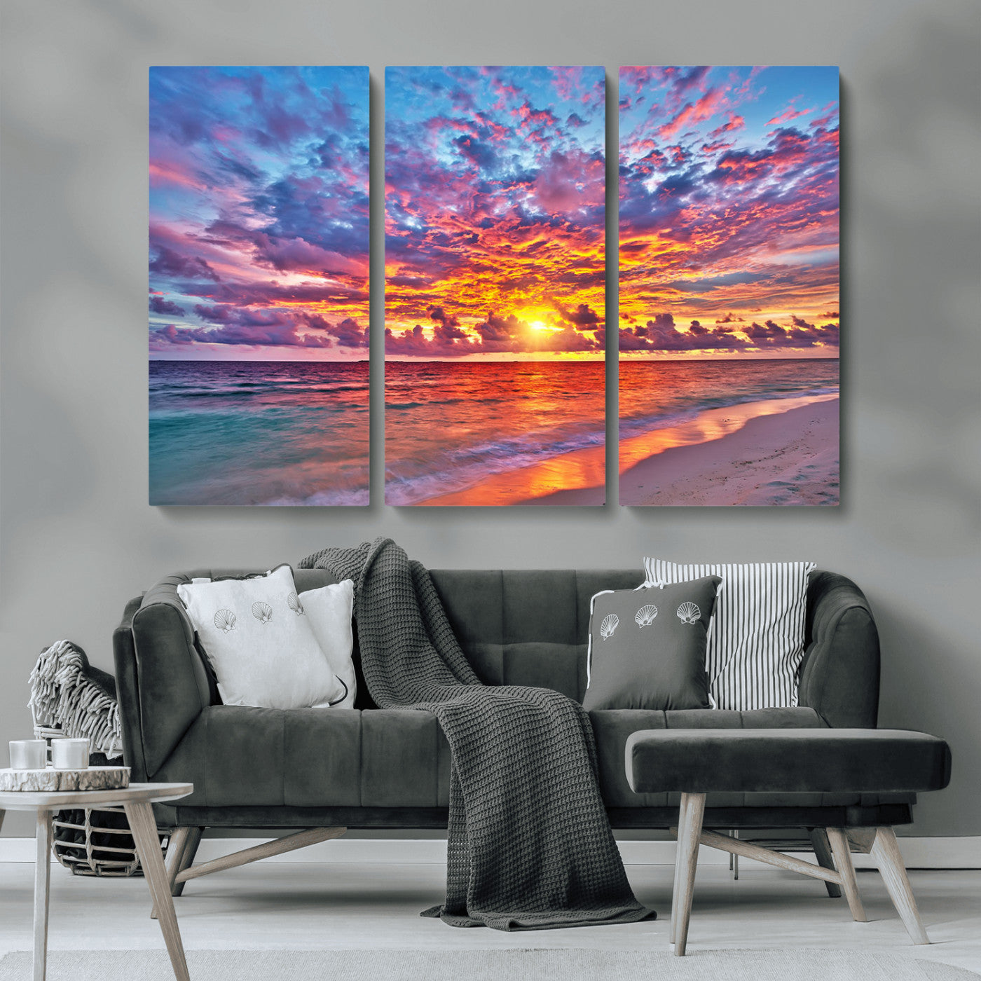 MGV-CV-48X32-3P - Vibrant Sunset Beach Wall Art - Ocean Sunset Canvas Print | Coastal Wall Art Decor Stunning Sunset