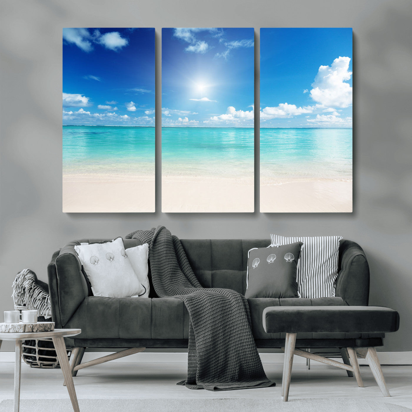 MGV-CV-48X32-3P - Blue Ocean Wall Art Canvas Print - Tranquil Ocean Paradise Triptych Wall Art - Ready to Hang Beach