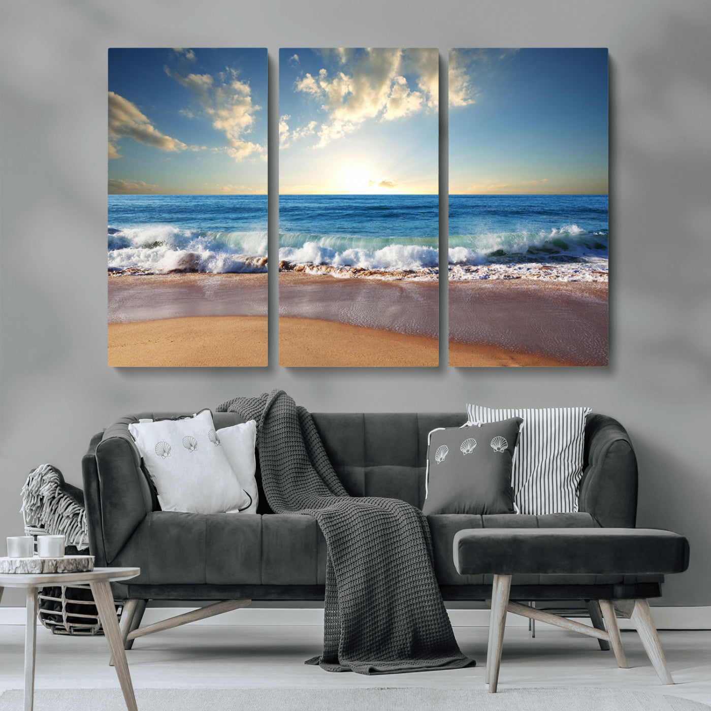 MGV-CV-48X32-3P - Serene Ocean Sunset Canvas Wall Art - Beach Waves at Sunset, Ready to Hang