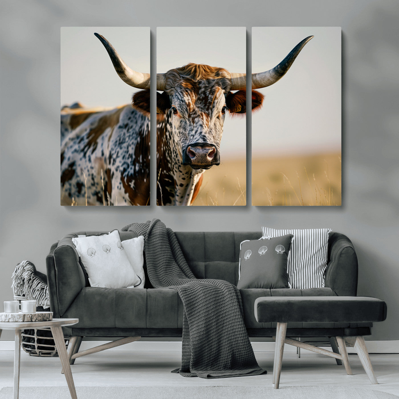 MGV-CV-48X32-3P - Texas Bull Longhorn Wall Art Canvas Print for Farm House Wall Decor, Farmhouse Wall Art Print