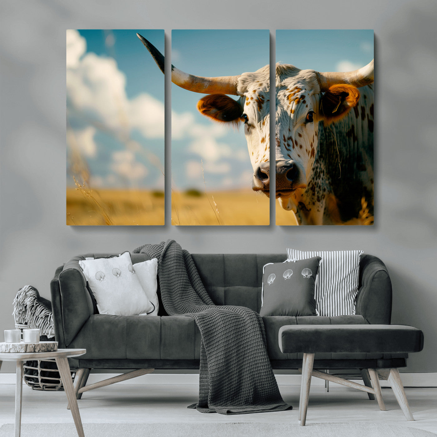 MGV-CV-48X32-3P - Longhorn in the Prairie - Stunning Ranch-Style Triptych Wall Art for Western Home Decor, Cowboy Wall