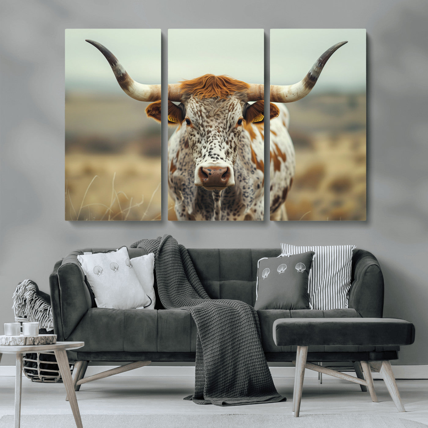 MGV-CV-48X32-3P - Texas Cow Longhorn Wall Art Canvas Print for Farm House Wall Decor, Farmhouse Wall Art Print