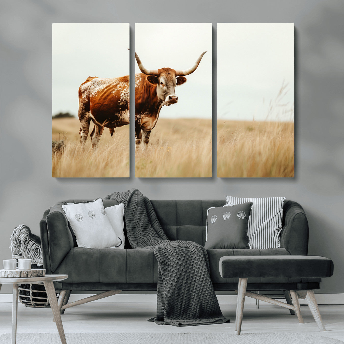 MGV-CV-48X32-3P - Texas Longhorn Canvas Wall Art Print – Majestic Western Cattle in Rustic Farmhouse Decor – Cow Wall