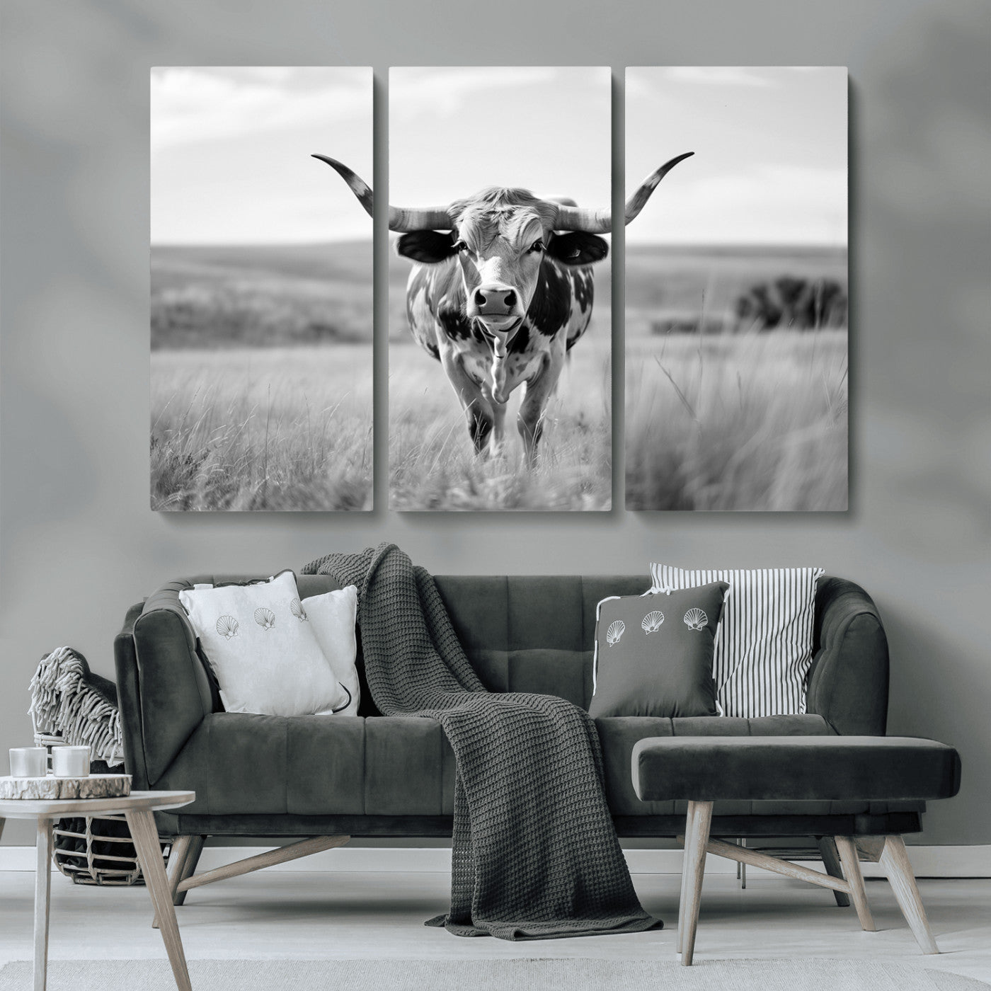 MGV-CV-48X32-3P - Texas Cow Longhorn Wall Art Canvas Print for Farm House Wall Decor, Farmhouse Wall Art Print