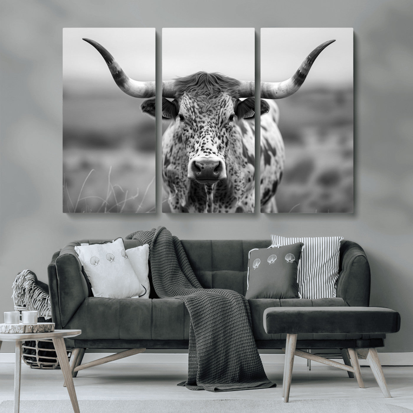 MGV-CV-48X32-3P - Texas Cow Longhorn Wall Art Canvas Print for Farm House Wall Decor, Farmhouse Wall Art Print