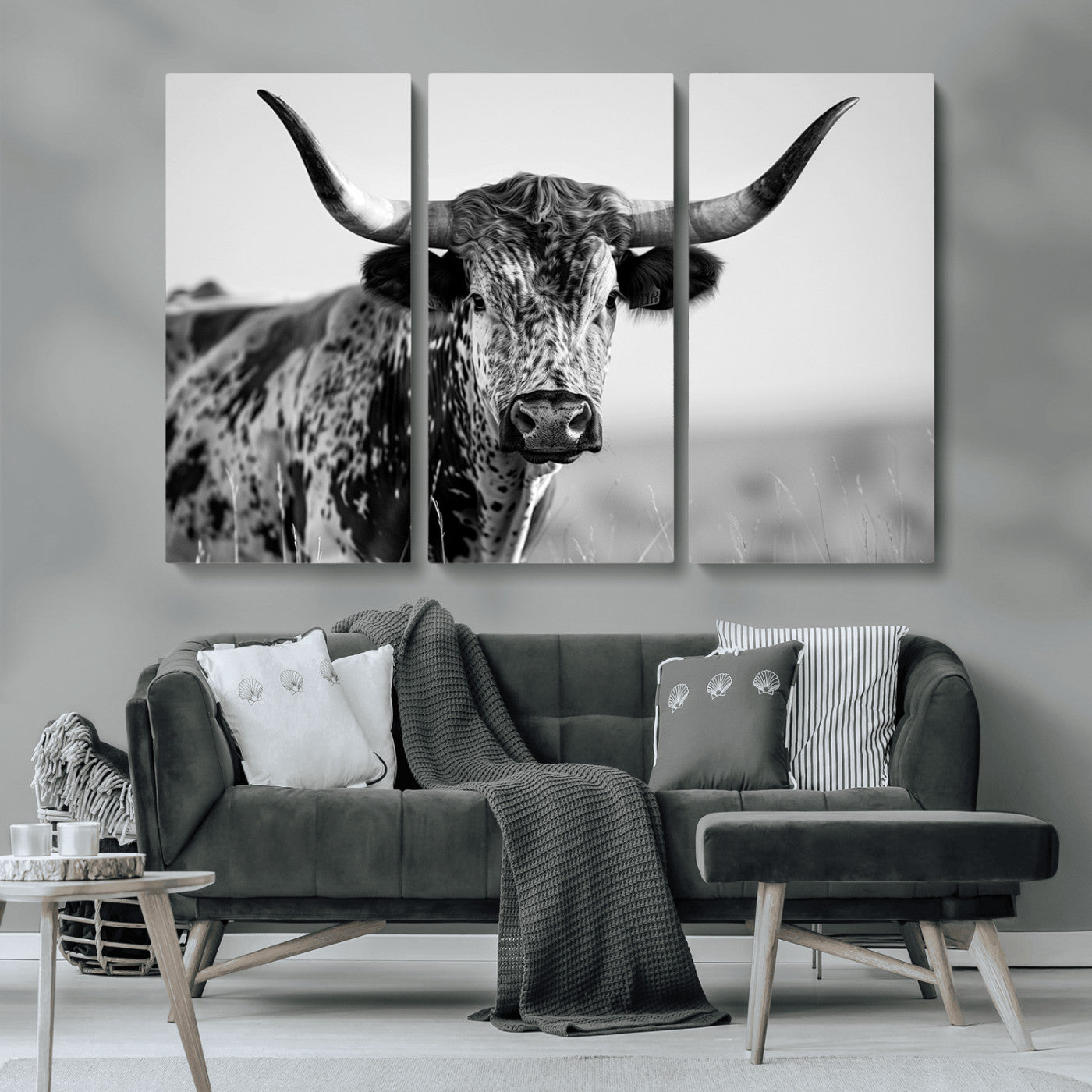 MGV-CV-48X32-3P - Texas Highland Cow Longhorn Canvas Print - Rustic Farmhouse Wall Art - Large Texas Longhorn