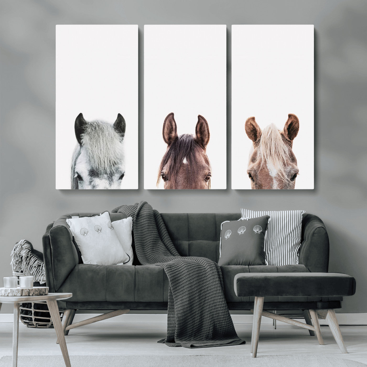 MGV-CV-48X32-3P - Horse Wall Art - Minimalist Horse Triptych Wall Art – Modern 3-Panel Giclée Canvas Featuring Horse
