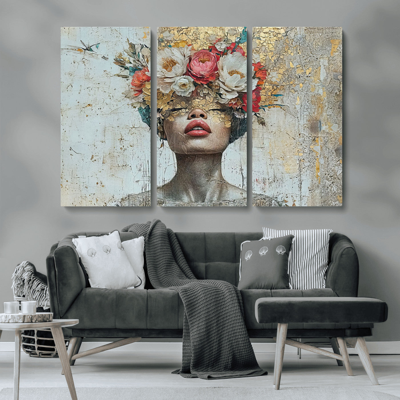 MGV-CV-48X32-3P - Golden Petal Wall Art Canvas Print - Silhouette Woman Wall Art Canvas Print, Floral Woman Portrait
