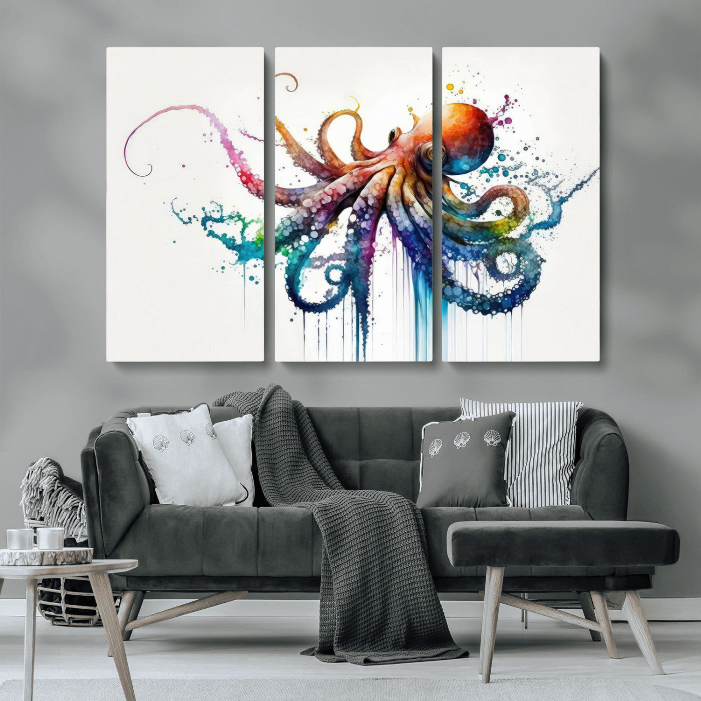 MGV-CV-48X32-3P - Watercolor Vibrant Octopus Wall Art Canvas Print | Abstract Sea Life Art | Colorful Marine Creature