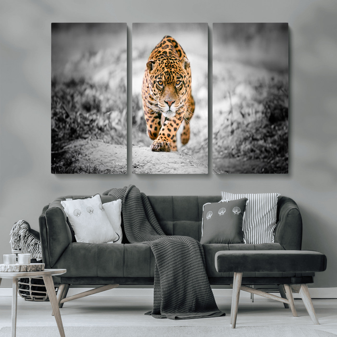 MGV-CV-48X32-3P - Jaguar Wall Art Canvas Print - Majestic Big Cat in Focused Pursuit - Ready to Hang