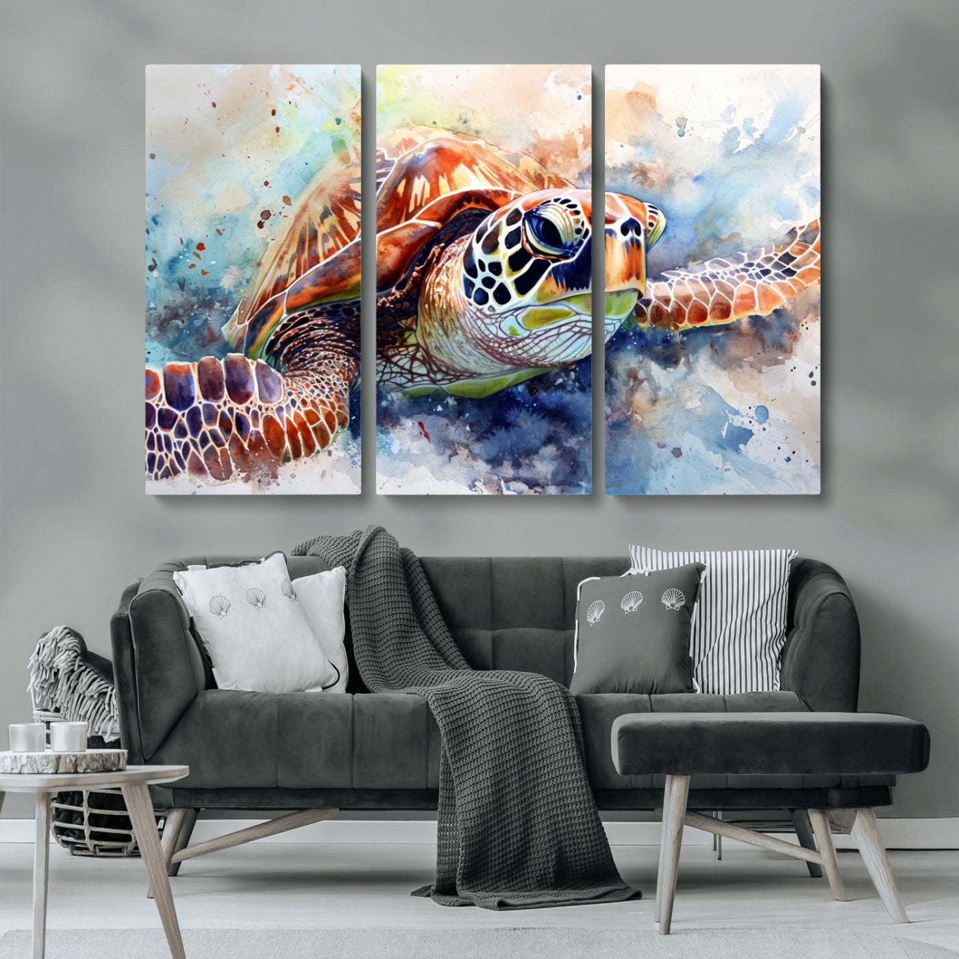 MGV-CV-48X32-3P - Watercolor Sea Turtle Wall Art Canvas Print - Vibrant Ocean Colors in Watercolor Style - Ready to