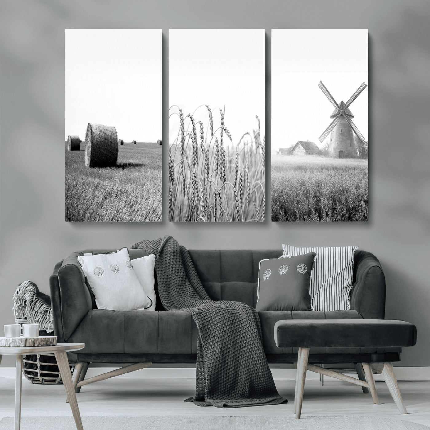 MGV-CV-48X32-3P - Vintage Farmhouse Black and White Triptych Wall Art – Giclee Canvas Featuring Wheat Fields, Hay