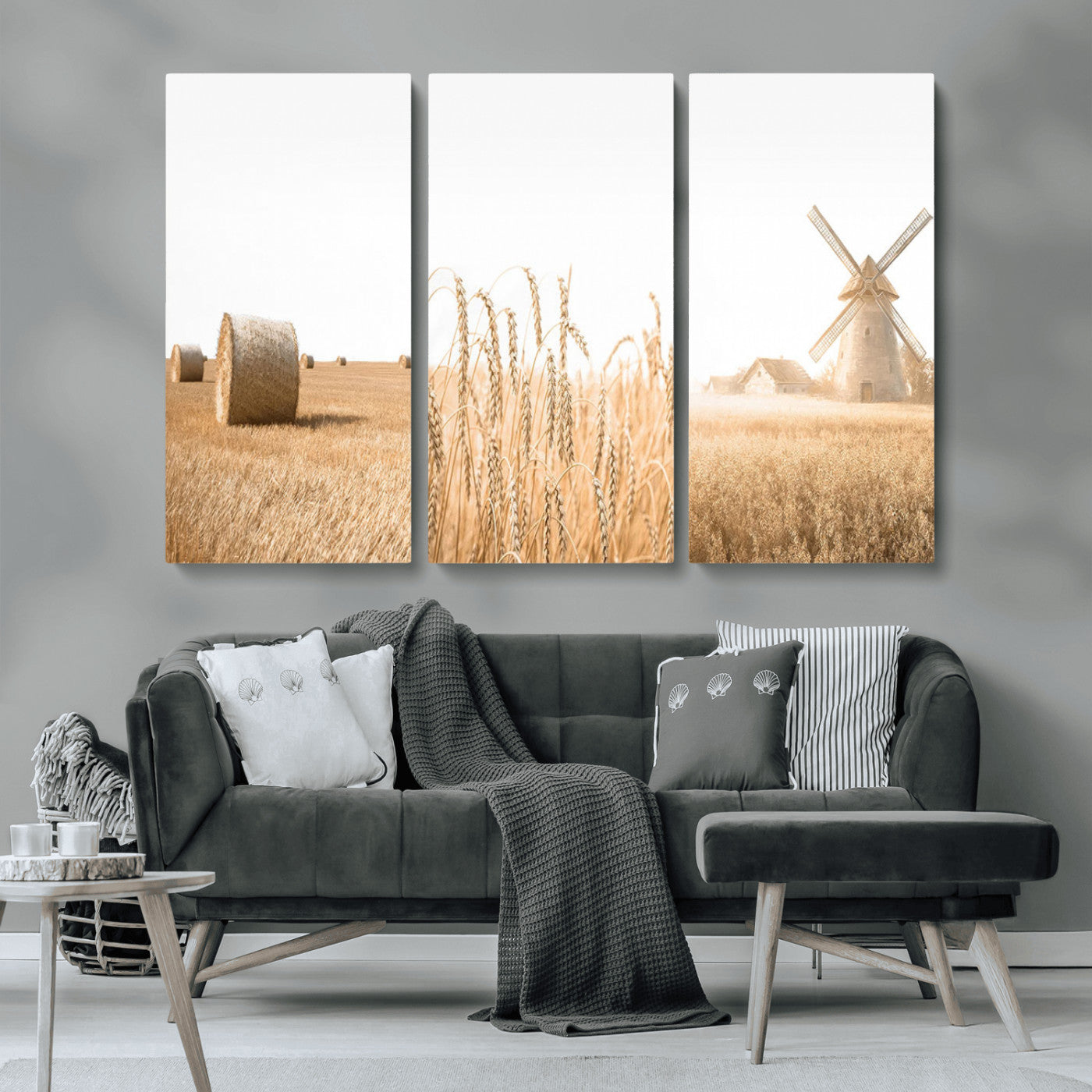 MGV-CV-48X32-3P - Vintage Farmhouse Triptych Wall Art – Giclée Canvas Featuring Wheat Fields, Hay Bales, and a