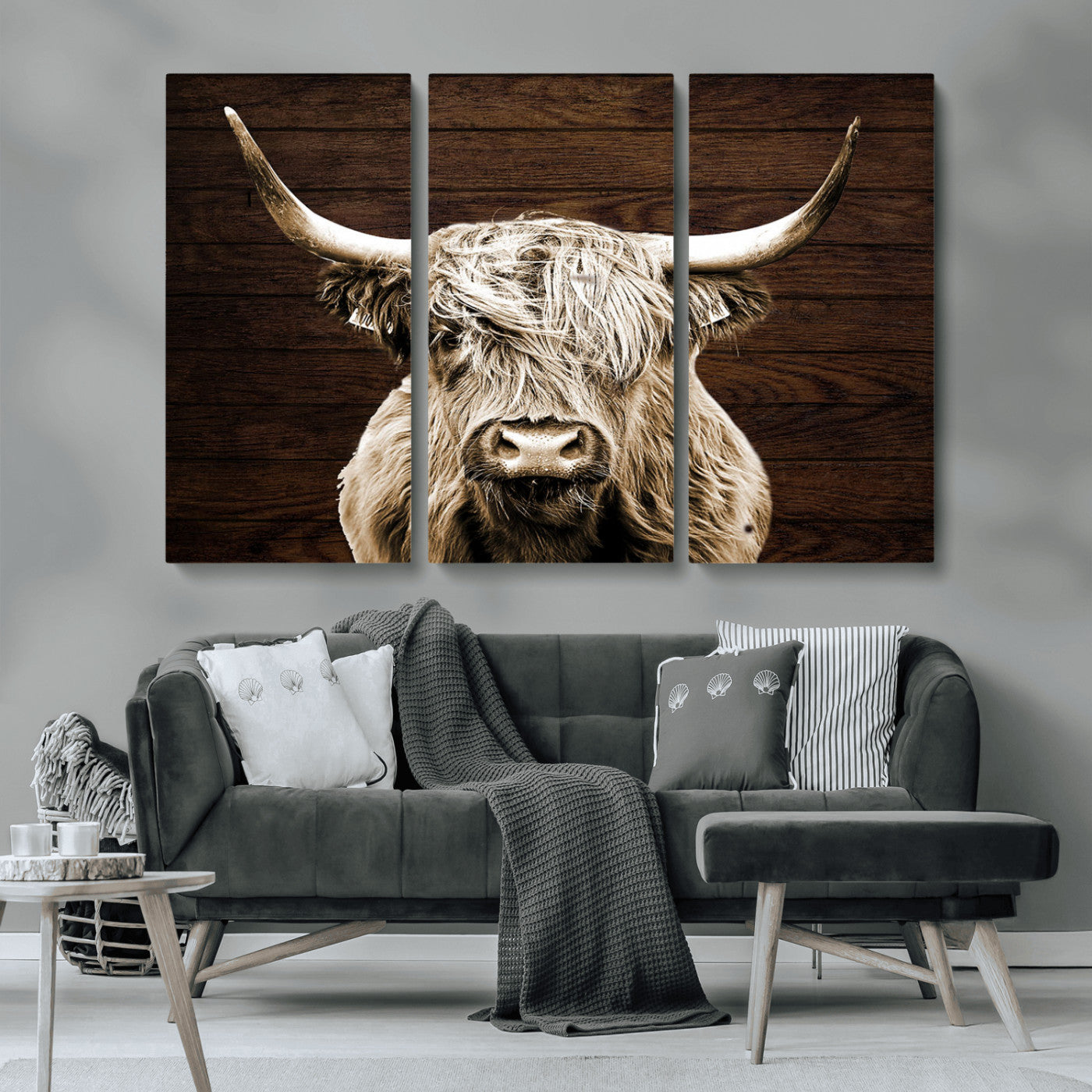 MGV-CV-48X32-3P - Highland Cow Wall Art Canvas Print, Rustic Farmhouse Decor, Majestic Scottish Highland Bull Portrait