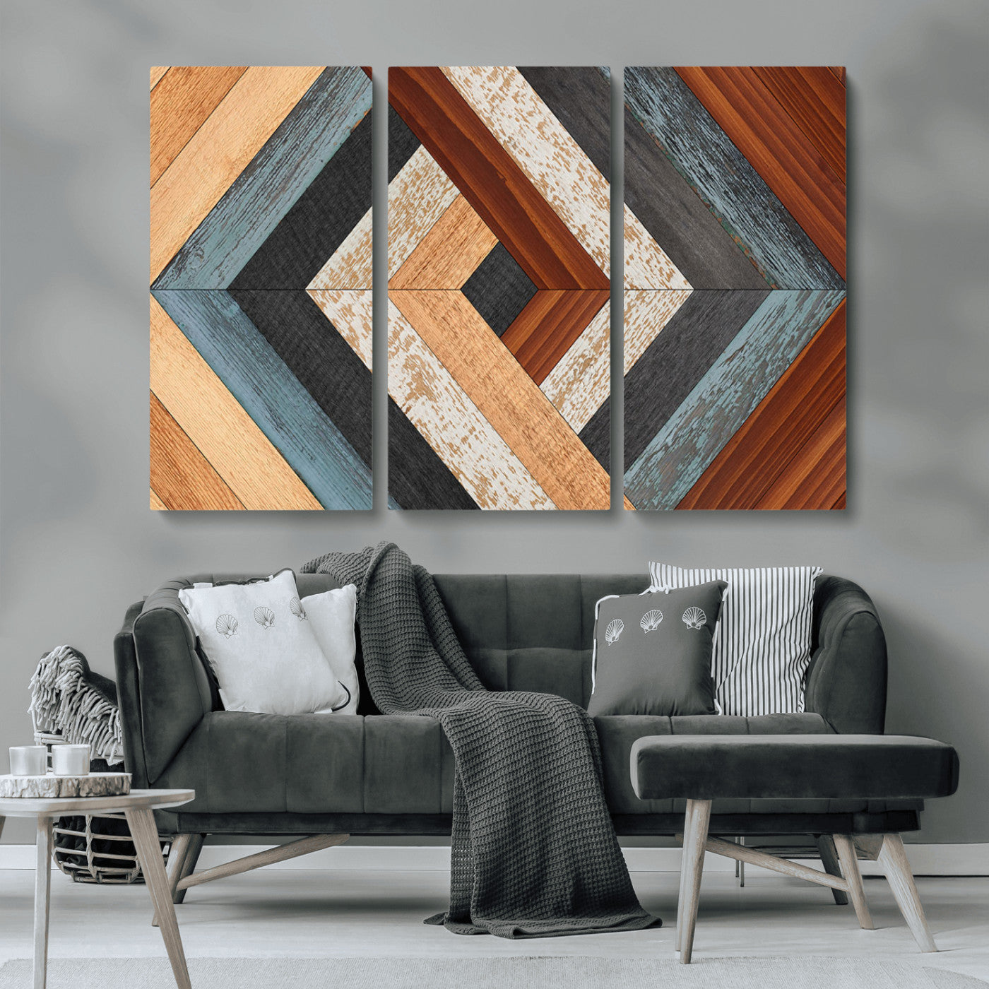 MGV-CV-48X32-3P - Geometric Wood Art Wall Decor Canvas Print, Rustic Wooden Pattern Triptych Wall Art for Living Room