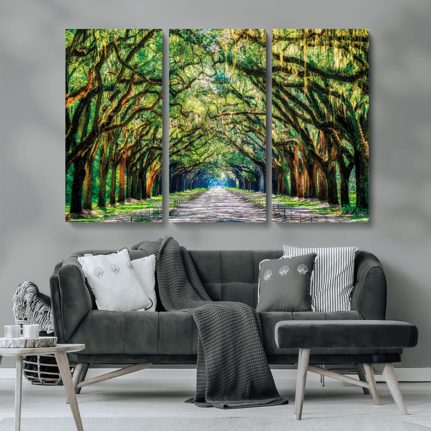 MGV-CV-48X32-3P - Serene Tree Tunnel Wall Art Canvas Print – Pathway Under Canopy of Lush Green Trees, Nature-Inspired