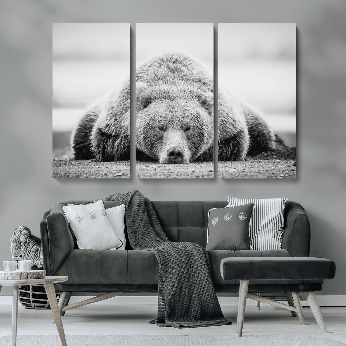 MGV-CV-48X32-3P - Resting Grizzly Bear Wall Art Canvas Print – Majestic Lazy Black and White Wildlife Bear Art,