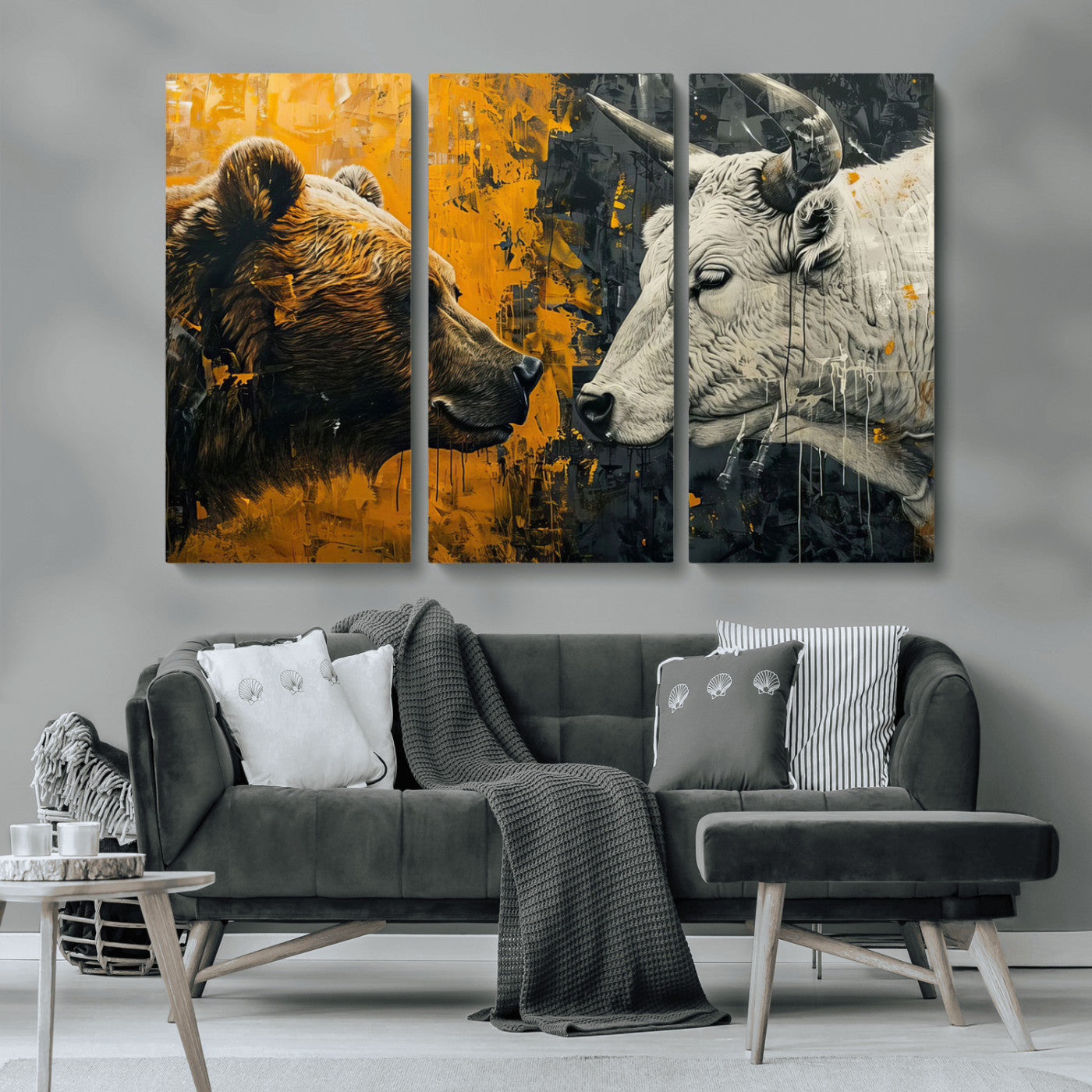 MGV-CV-48X32-3P - Bear and Bull Wall Art Canvas Print – Abstract Animal Portrait Painting for Modern Home Decor –