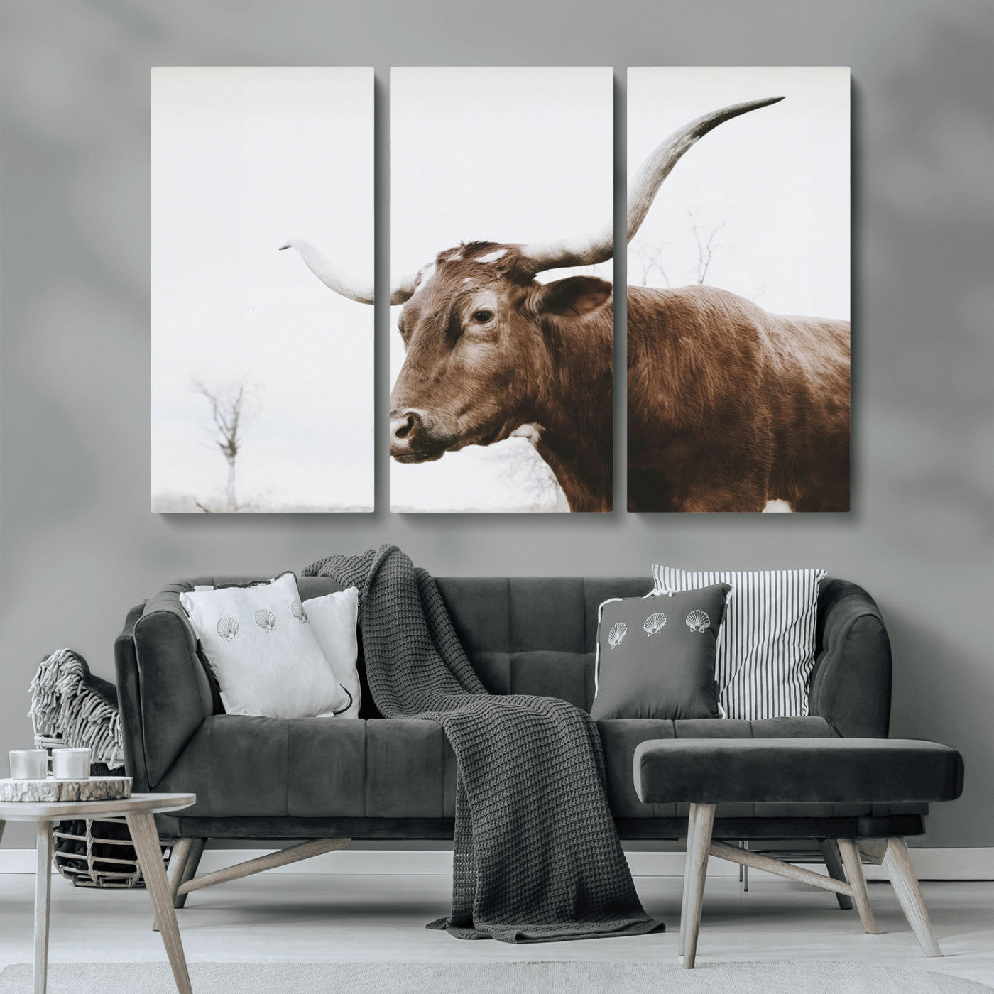 MGV-CV-48X32-3P - Rustic Bull Wall Art Canvas Print – Modern Longhorn Farmhouse Animal Decor – Abstract Farm Cow