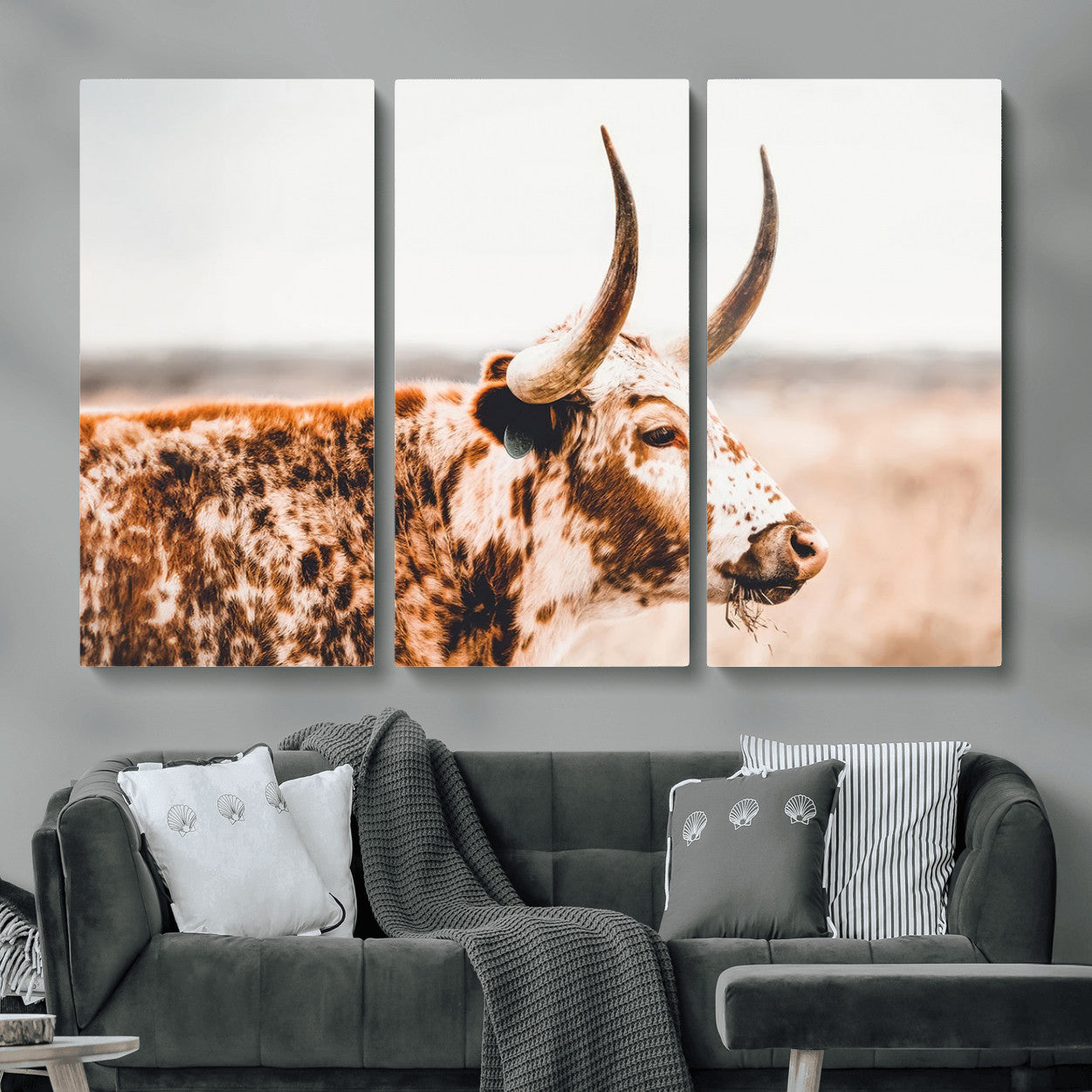 MGV-CV-48X32-3P - Speckled Bull Wall Art Canvas Print – Rustic Cow Longhorn Farmhouse Animal Decor – Western Longhorn