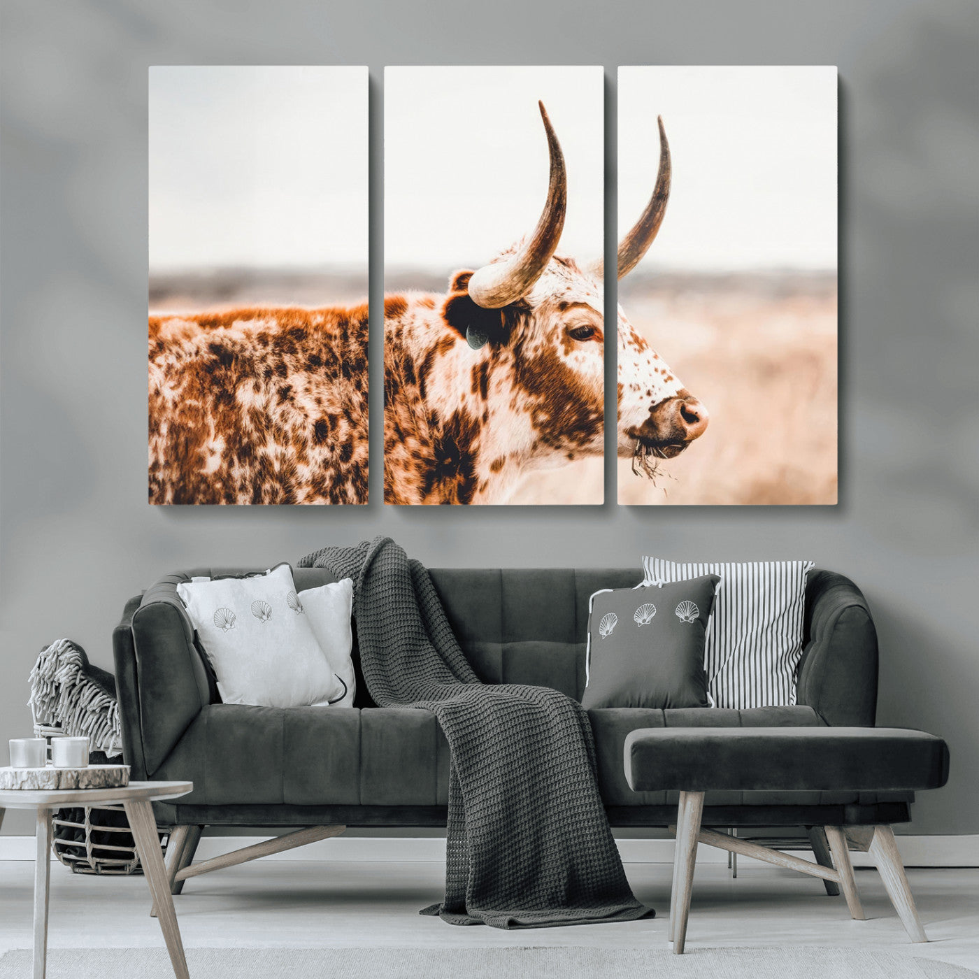 -Speckled Bull Wall Art Canvas Print – Rustic Cow Longhorn Farmhouse Animal Decor – Western Longhorn