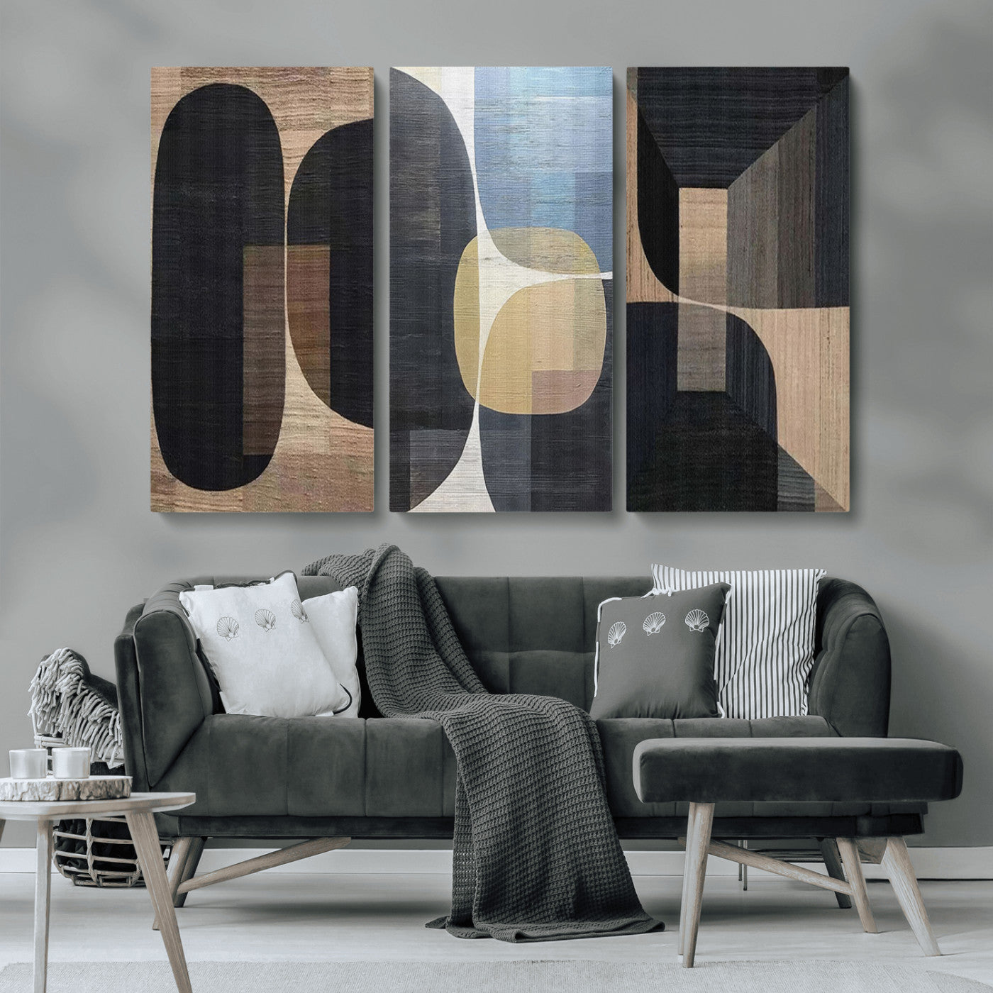 MGV-CV-48X32-3P - Minimalist Wabi Sabi Abstract Geometric Wall Art Canvas Print – Modern Minimalist Shapes – Ready to
