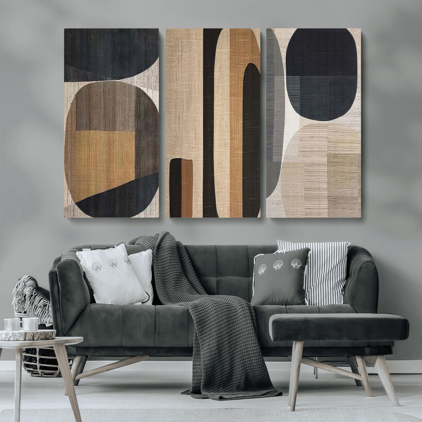 MGV-CV-48X32-3P - Abstract Minimalist Canvas Wall Art - Neutral Geometric Modern Boho Decor, Minimalist Brown Wabi