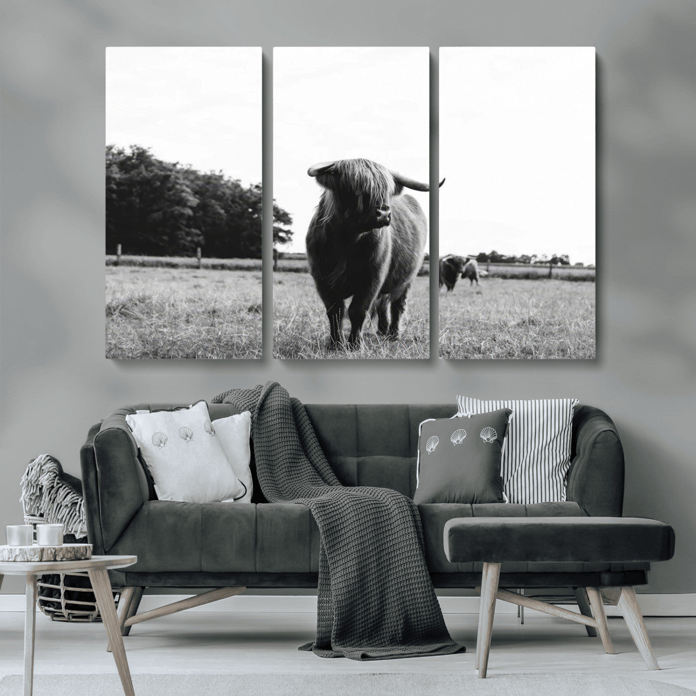 MGV-CV-48X32-3P - Black and White Highland Cow Wall Art Canvas Print | Rustic Western Decor for Living Room or Office,