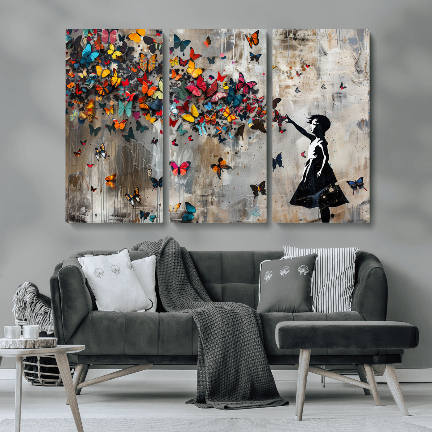 MGV-CV-48X32-3P - Banksy Wall Art - Banksy Girl and Butterfly Explosion Wall Art Canvas Print | Girl with Butterflies