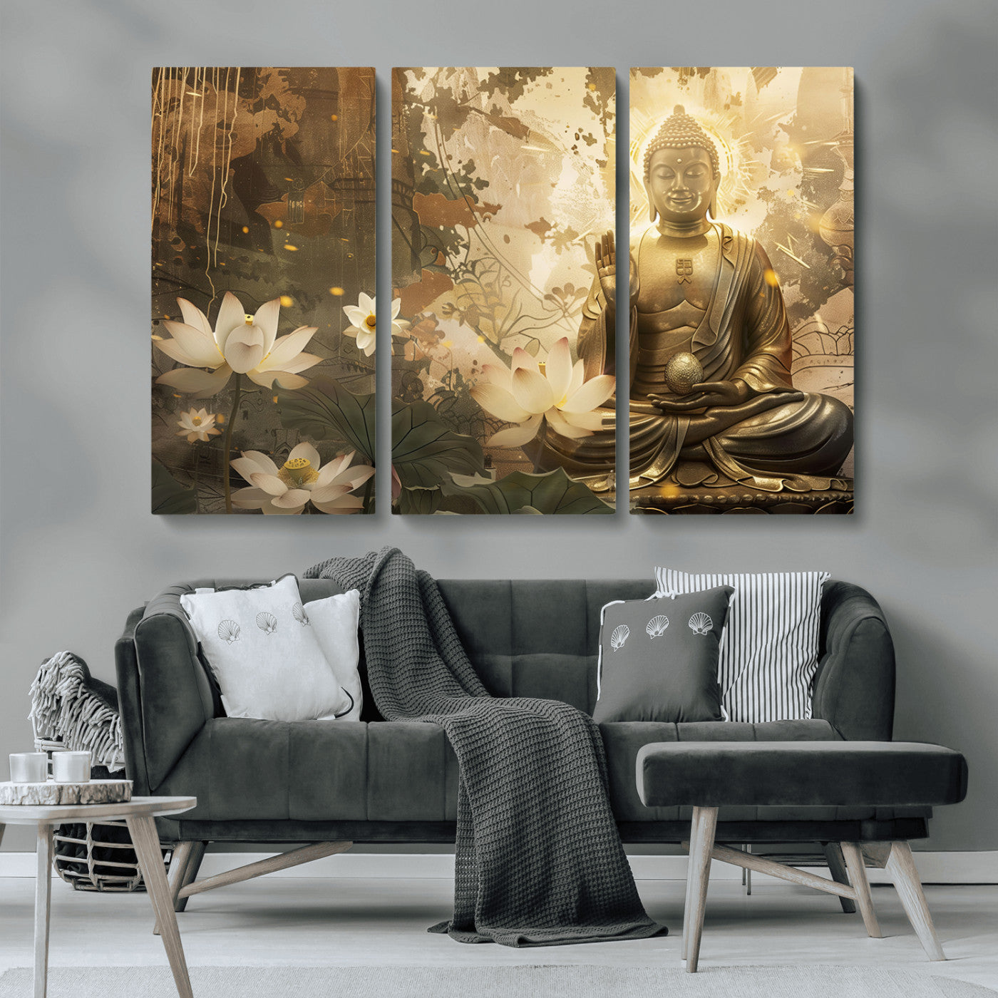 MGV-CV-48X32-3P - Zen Buddha Wall Art Canvas Print | Peaceful Meditation Decor with Lotus Flowers | Spiritual Serenity