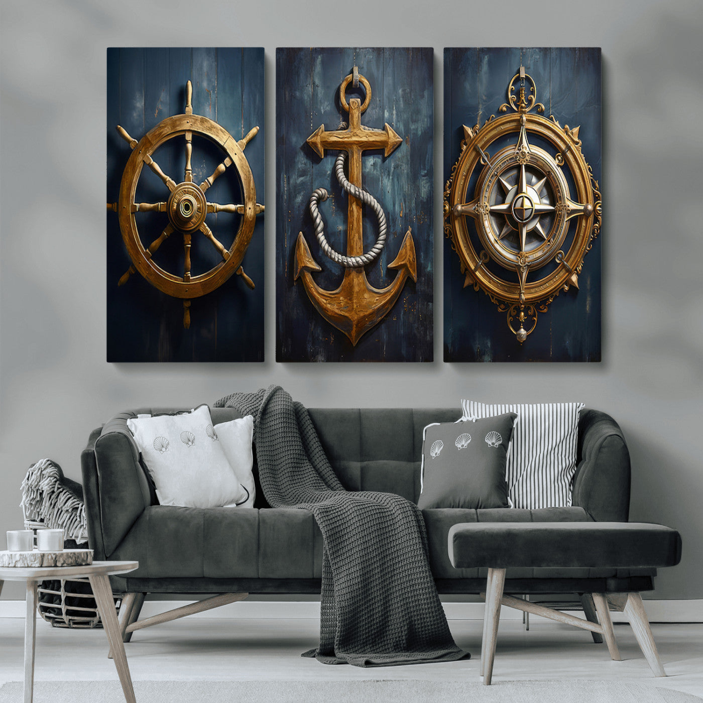 MGV-CV-48X32-3P - Boat Anchor Compass With Rope Wall Art Canvas Print | Beach House Wall Art