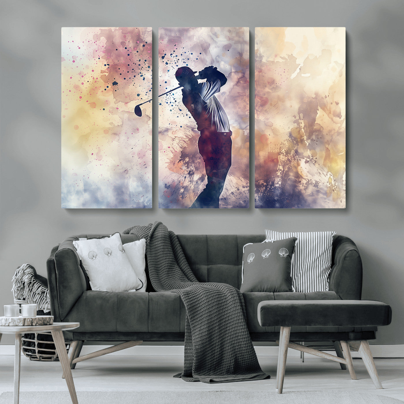 MGV-CV-48X32-3P - Abstract Watercolor Golf Player Wall Art Canvas Print