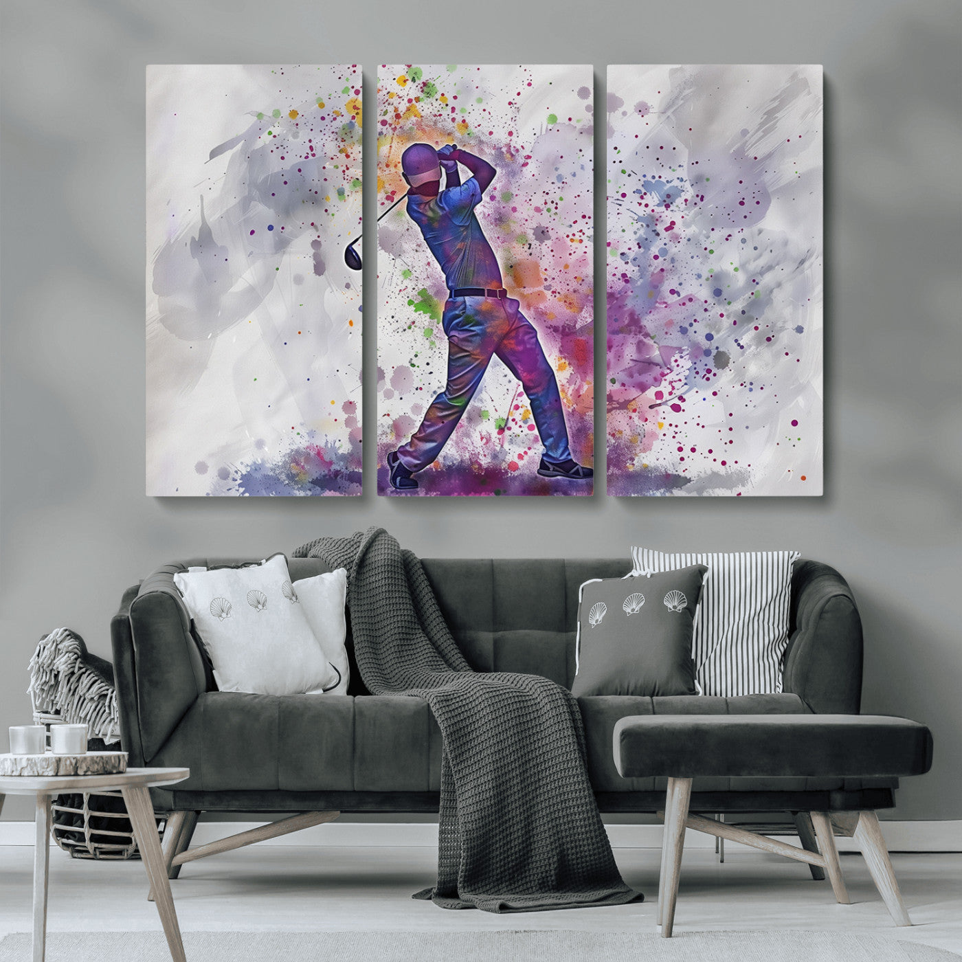 MGV-CV-48X32-3P - Watercolor Golf Swing Wall Art Canvas Print | Vibrant Abstract Golf Player Silhouette |