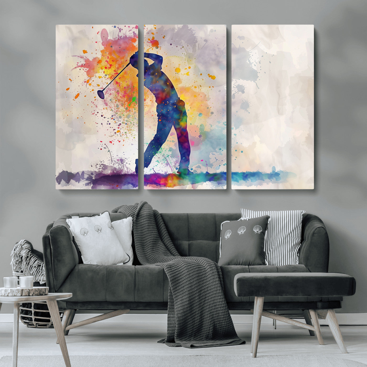 MGV-CV-48X32-3P - Watercolor Golf Swing Wall Art Canvas Print | Vibrant Abstract Golf Player Silhouette |