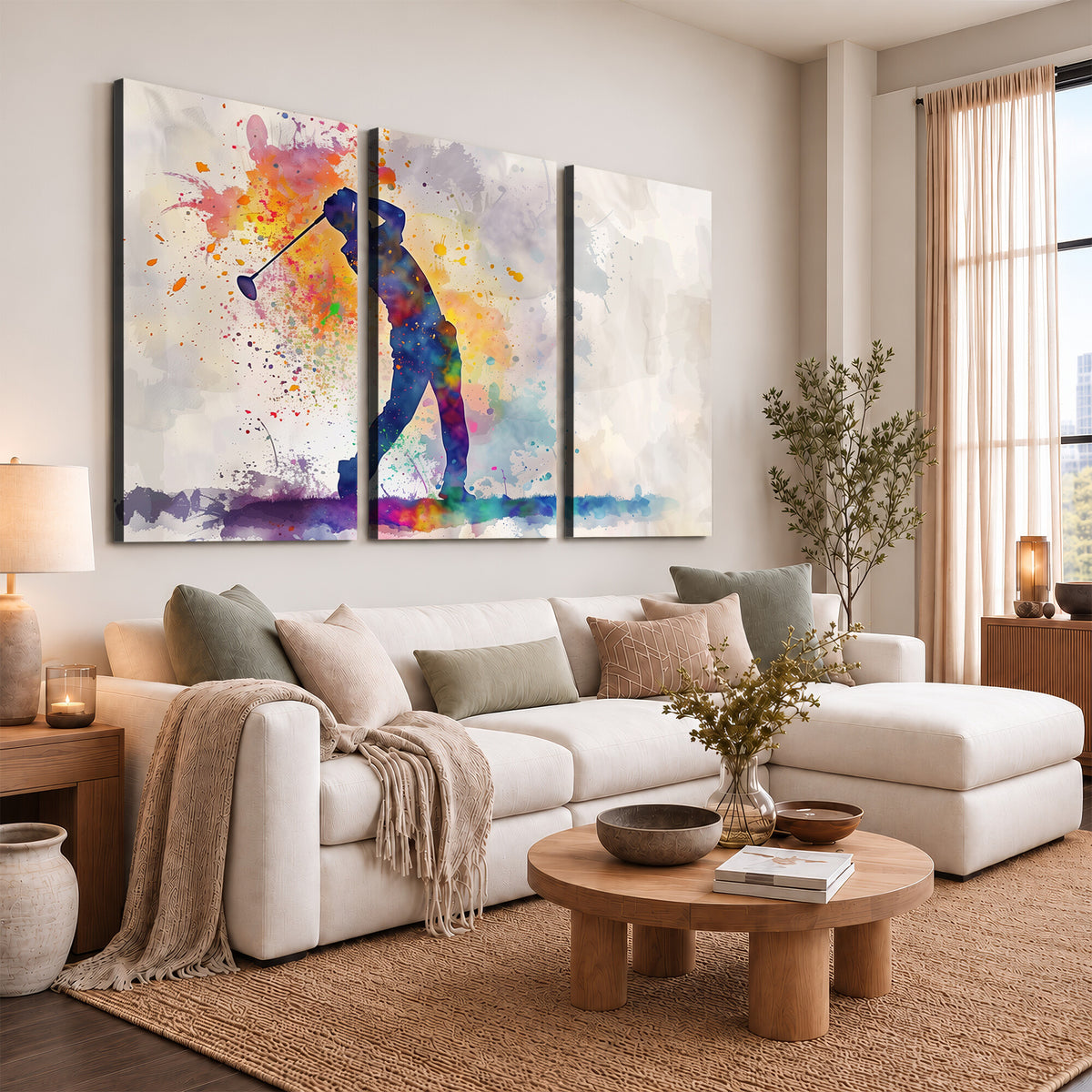 89625-MGV-CV-36X24 - Vibrant Watercolor Golf Swing Wall Art Canvas Print | Extra Large 3 Piece Canvas Wall Art