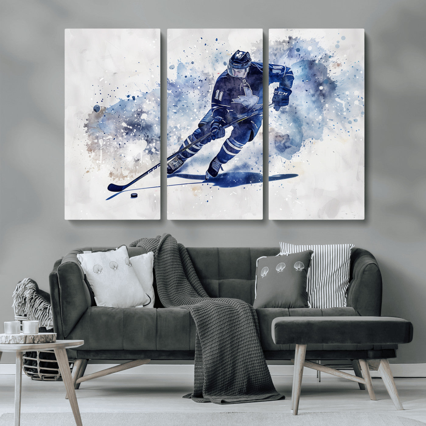 MGV-CV-48X32-3P - Hockey Player Wall Art Canvas Print - Sports-Inspired Watercolor Decor - Ready to Hang