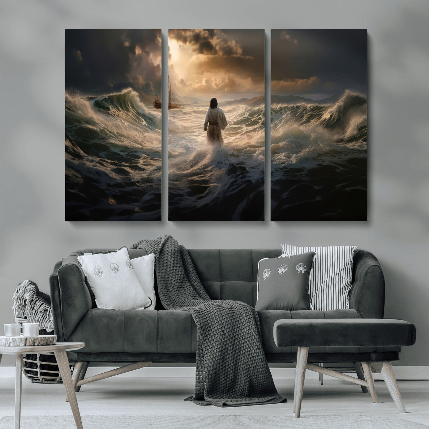 MGV-CV-48X32-3P - Jesus Walking on Water Wall Art Canvas Print - Religious Spiritual Decor - Jesus Wall Art Canvas