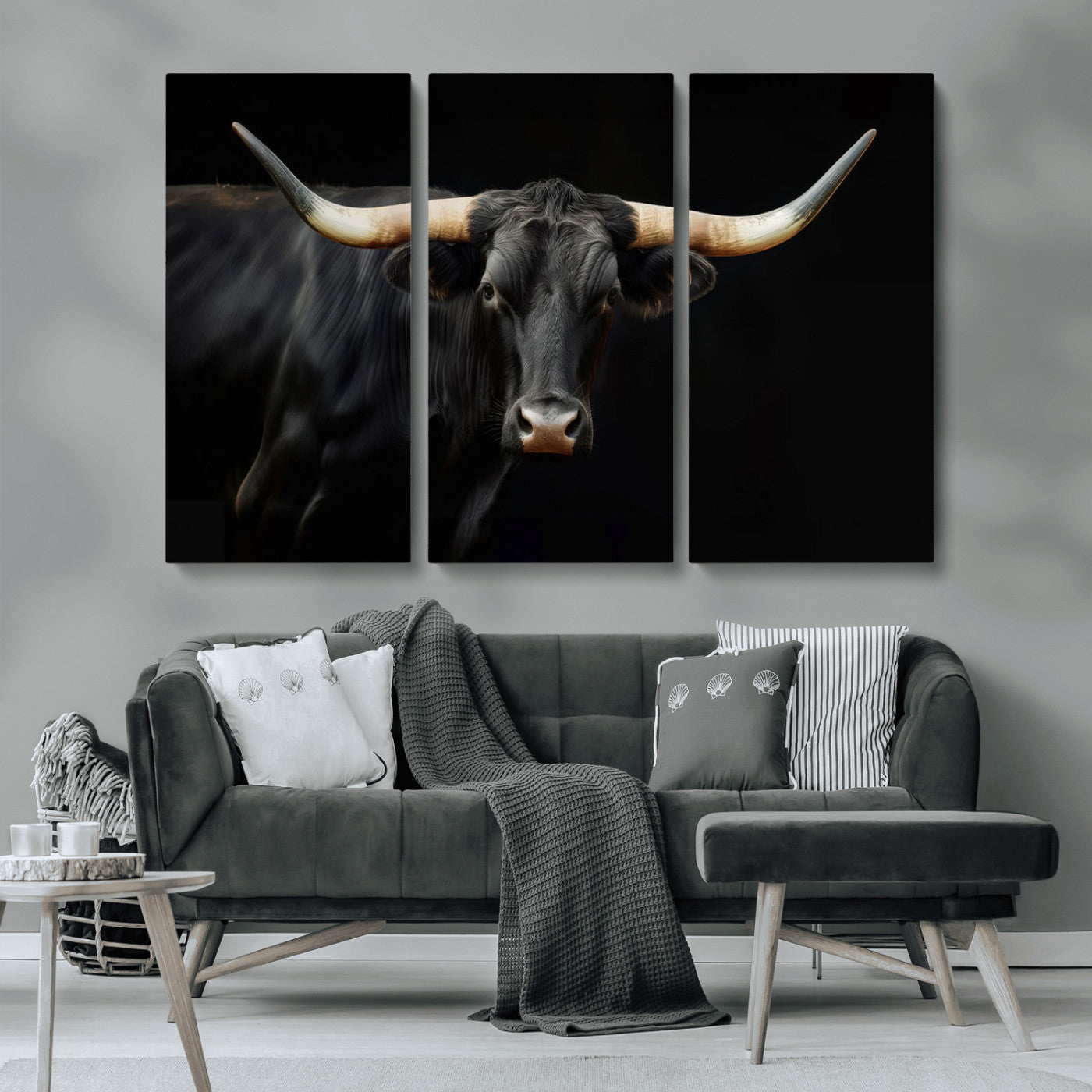 MGV-CV-48X32-3P - Texas Longhorn Cow | Majestic Black Bull Wall Art Canvas Print - Farmhouse Animal Decor - Ready to