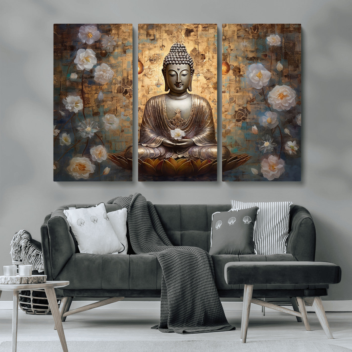 MGV-CV-48X32-3P - Golden Buddha Wall Art Canvas Print | Zen Meditation Floral Decor | Tranquil Spiritual Home Art |