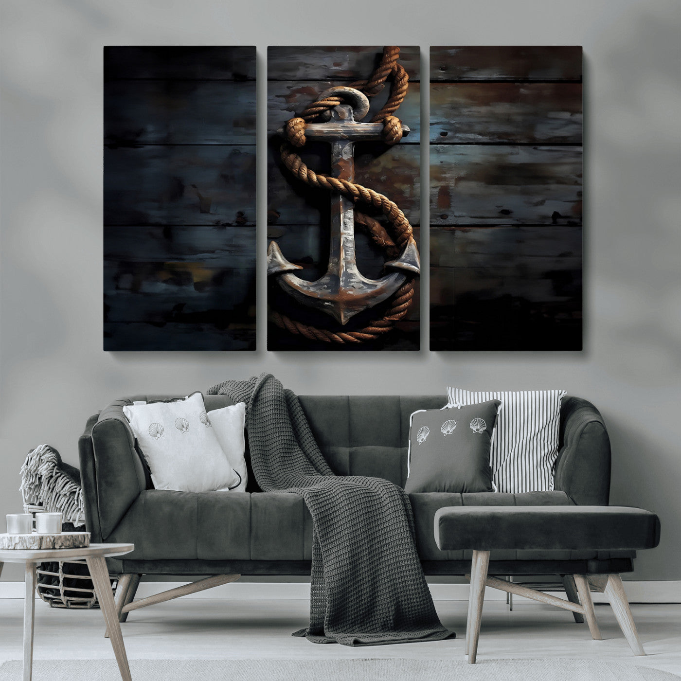 MGV-CV-48X32-3P - 3 Panel Grunge Abstract Anchor Wall Art Canvas Print Set