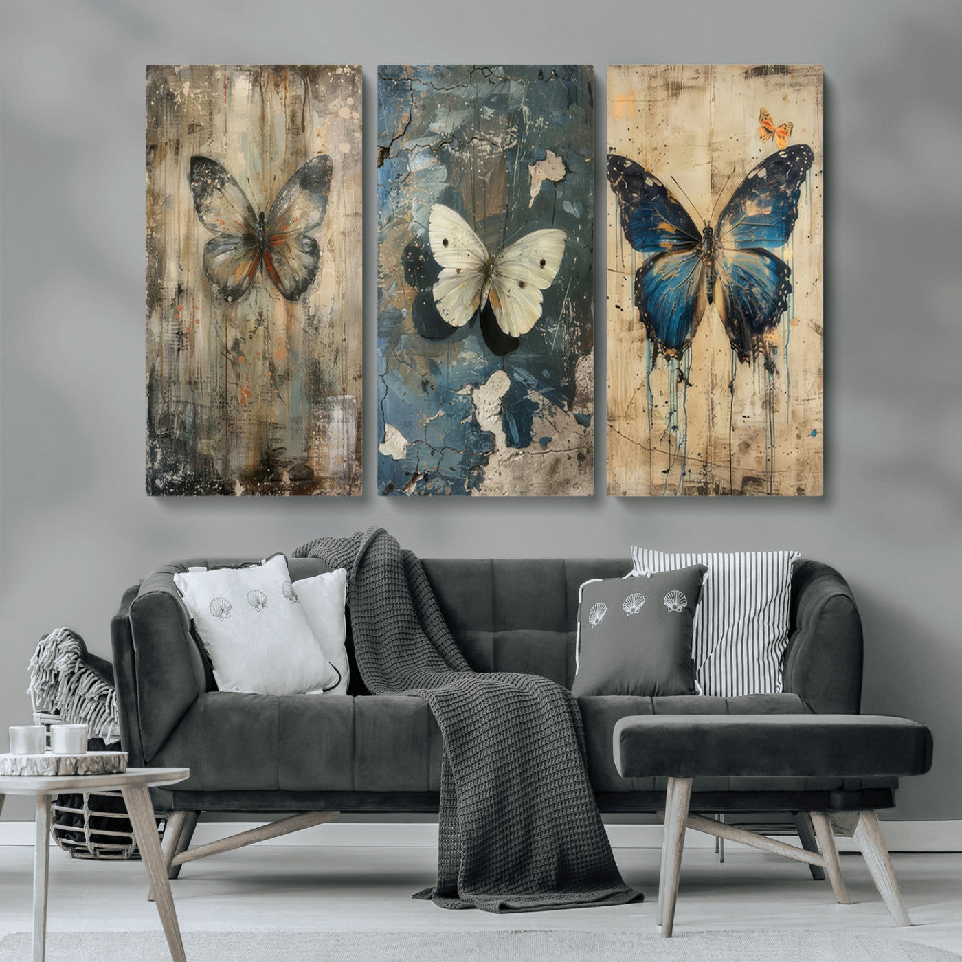 MGV-CV-48X32-3P - Butterfly Wall Art Trio | Vintage Butterfly Canvas Print | Ready to Hang Framed Artwork for