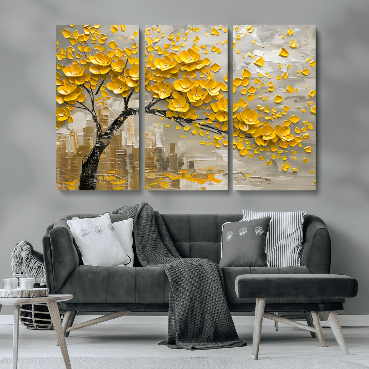 MGV-CV-48X32-3P - Yellow Blossom Tree Canvas Wall Art - Floral Abstract Modern Contemporary Artwork for Living Room or